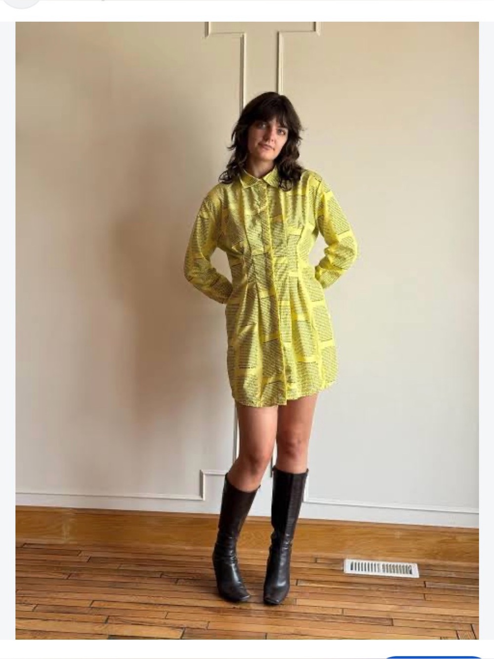 Y2K Spoon Jeans Shirt Dress – Yellow Cotton Novelty Print Size M